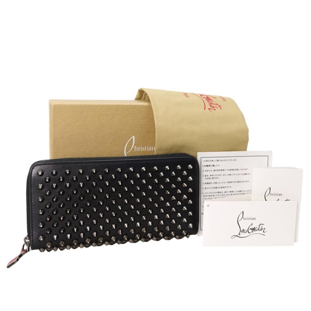 本物 良品■クリスチャンルブタン■パネトーネ スパイクスタッズ ブラック レザー 1175099 ラウンドファスナー長財布拍卖