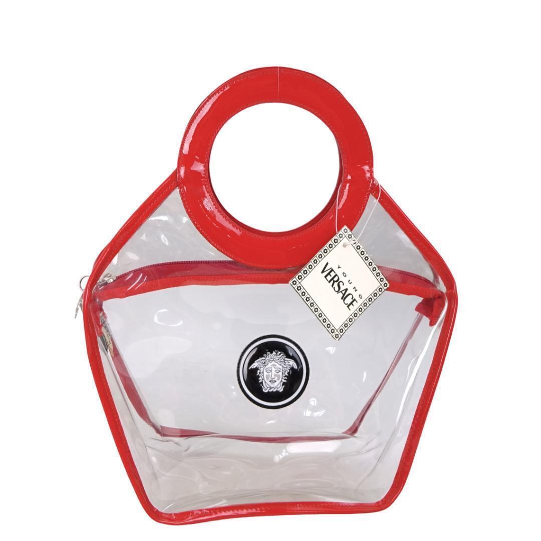 本物 良品■ヴェルサーチ■メデューサ クリア レッド ビニール ハンドバッグ ミニ トートバッグ拍卖
