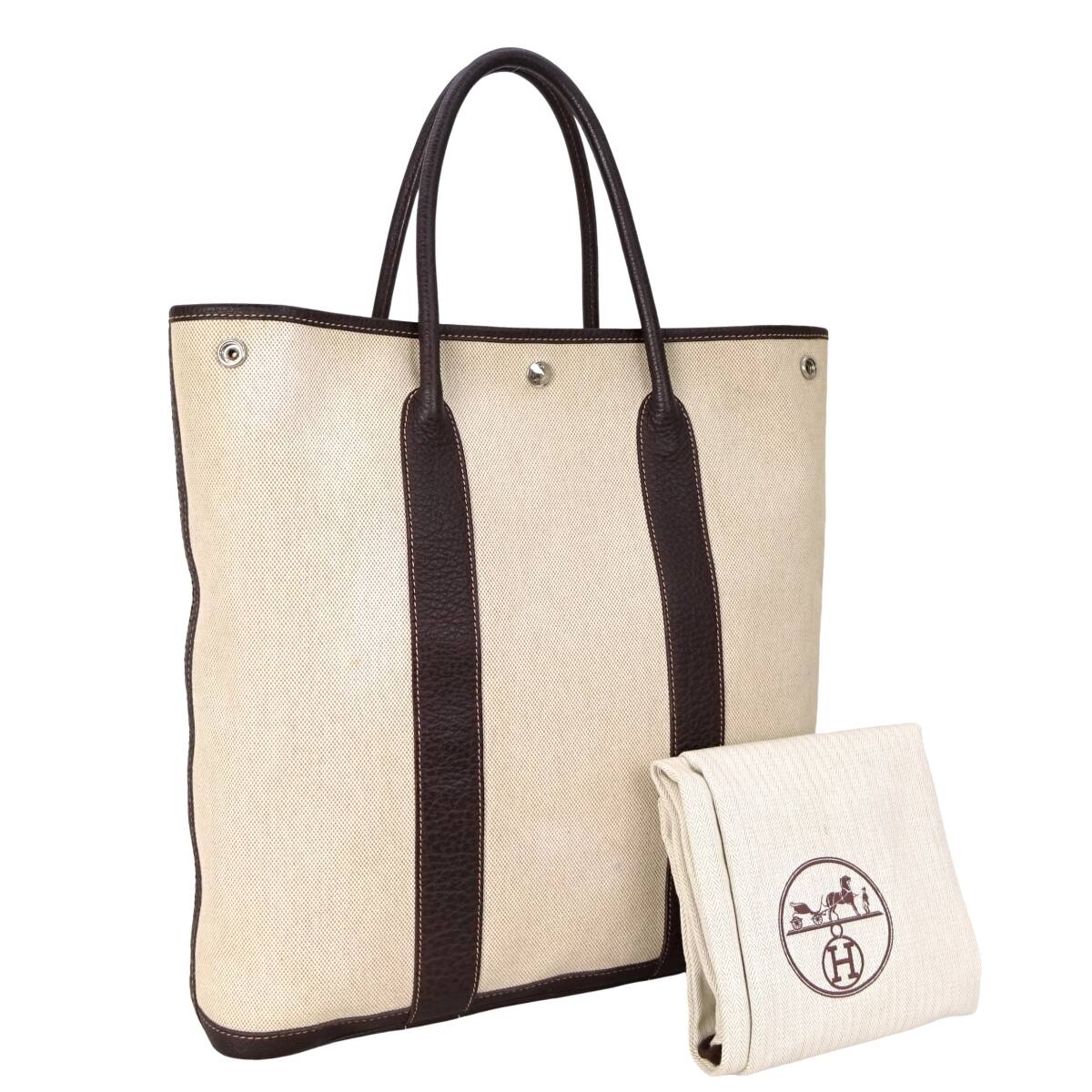 本物 良品■エルメス■ガーデンファイル ベージュ キャンバス ブラウン レザー トートバッグ ハンドバッグ拍卖