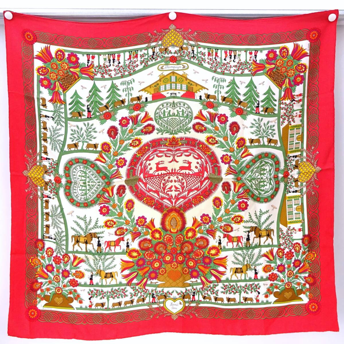 本物 良品■エルメス■スカーフ カレ90 Decoupage デコパージュ ベージュ レッド グリーン拍卖