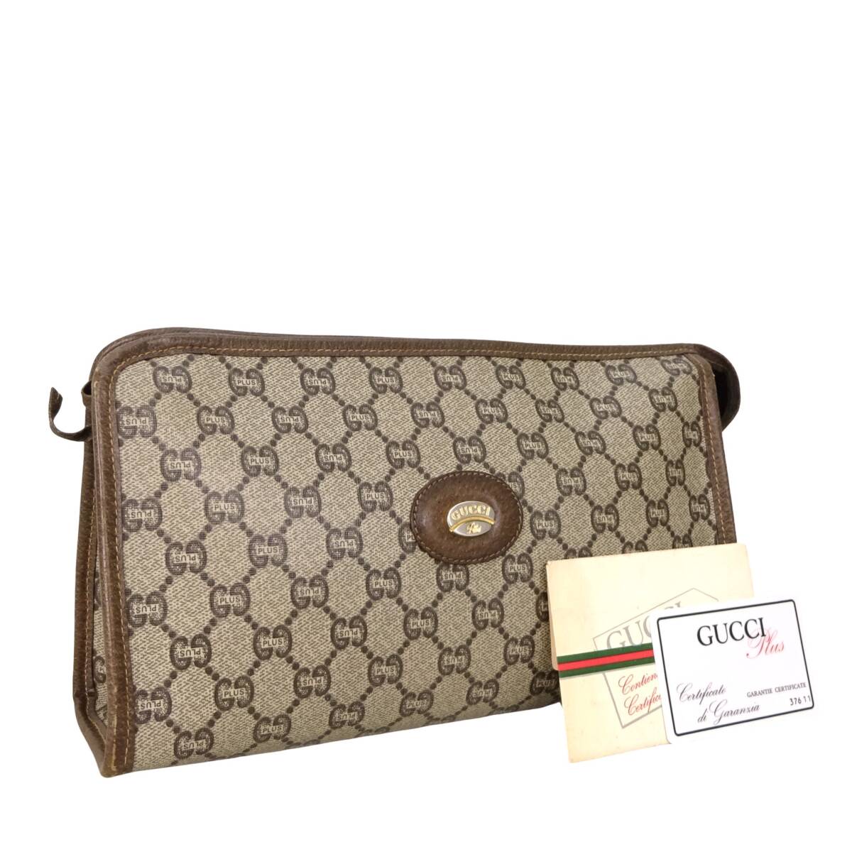 本物■グッチ■GG ベージュ PVC キャンバス ブラウンレザー クラッチバッグ コスメバッグ 化粧ポーチ セカンドバッグ拍卖