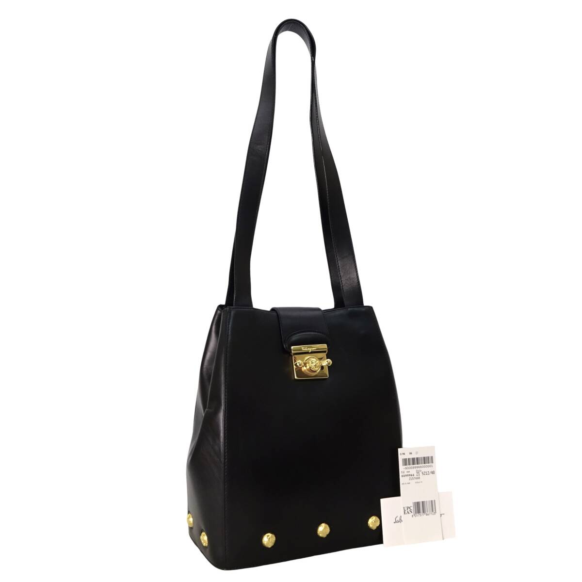 本物■フェラガモ■スタッズ ショルダー レザー ブラック ゴールド ショルダートートバッグ拍卖