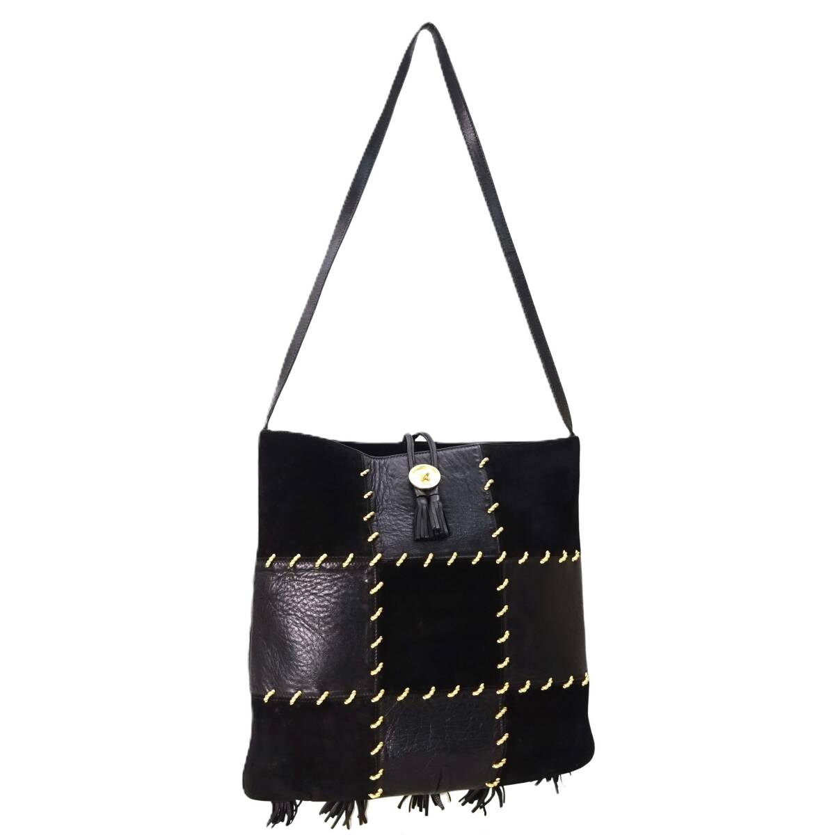 本物■フェラガモ■パッチワーク ステッチ スエード タッセル フリンジ ブラック ゴールド ショルダーバッグ拍卖