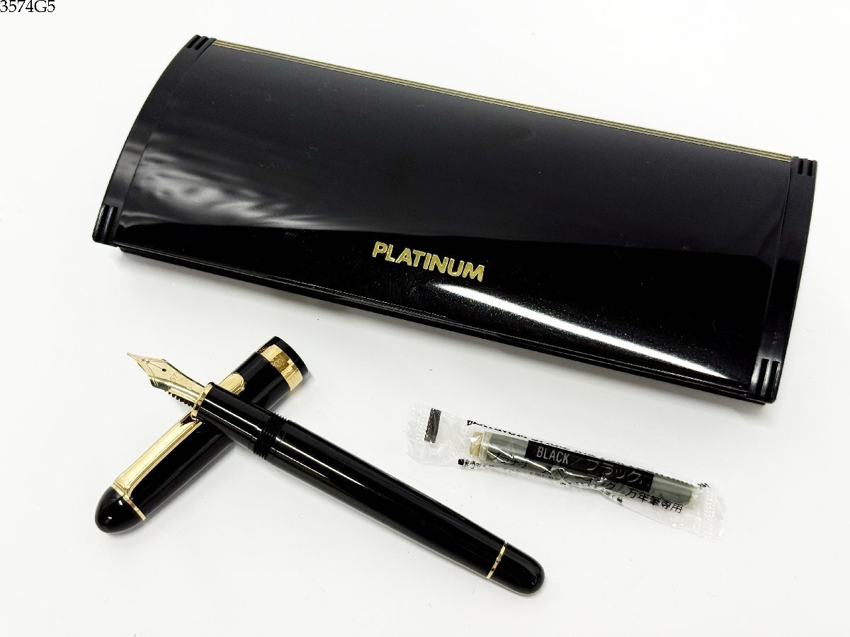 PLATINUM プラチナ #3776 ペン先 14K 中 刻印 ブラック×ゴールド 万年筆 筆記用具 スペアーインク ケース付き 3574G5-13拍卖