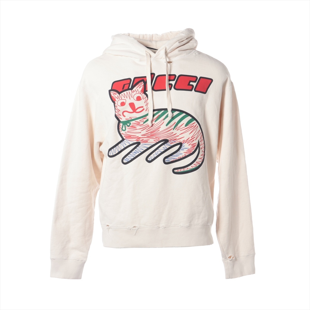 グッチ GUCCI パーカー キャット ロゴ ダメージ加工 XS アイボリー拍卖
