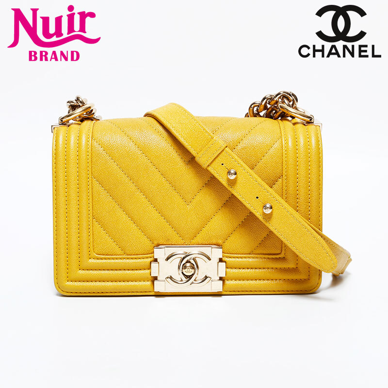 シャネル CHANEL ショルダーバッグ 28番台 2019 ミニ ボーイ シェブロン キャビア イエロー拍卖