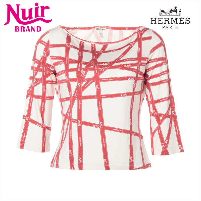 エルメス HERMES 長袖Tシャツ L リボンタイ マルジェラ期 レーヨン レッド×ホワイト拍卖