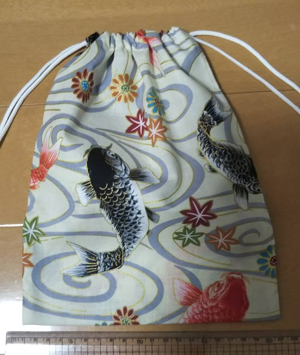 巾着袋◆金彩 流水と鯉 白【約よこ20.5cm×たて27cm】 和柄 拍卖