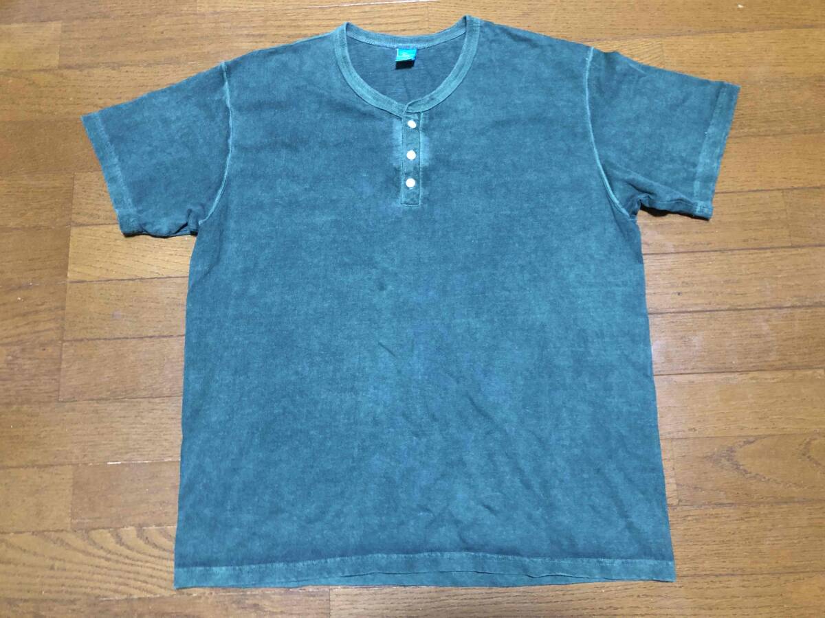 ★Good On グッドオン★ヘンリーネックTシャツ★後染めグリーン★XLサイズ★ヘビーウエイト★ピグメント染★ビッグシルエット★送料230円拍卖
