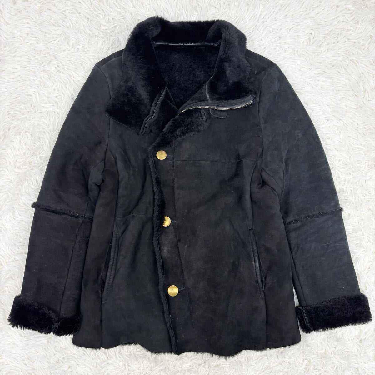 『激レアデザイン!』上野商会 8621003 羊革 ムートン パッチワーク ダブルライダースジャケット M ブラック 黒拍卖