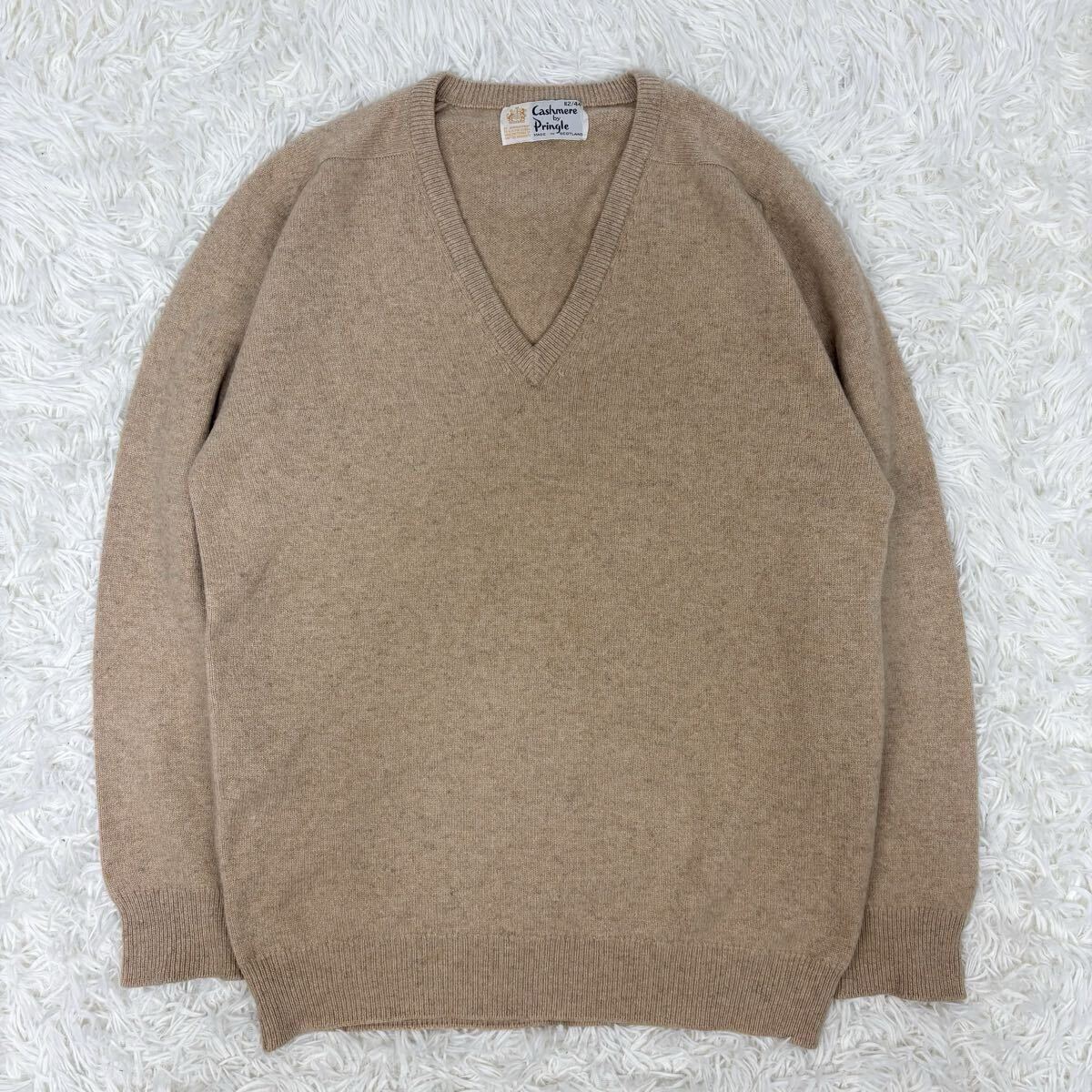 『vintage!希少サイズ44!!』スコットランド製 Pringle プリングル カシミヤ100% 肉厚 Vネック ニットセーター ベージュ拍卖