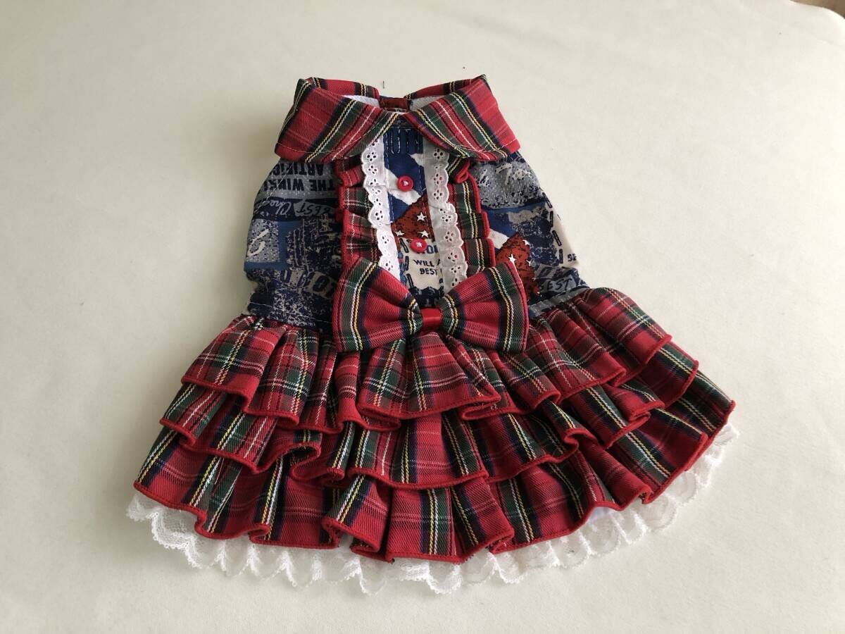 ◎胴囲34◎ヴィンテージ風デニムパッチ柄*ノースリーブ*赤タータンフリルスカートワンピ*前開き拍卖