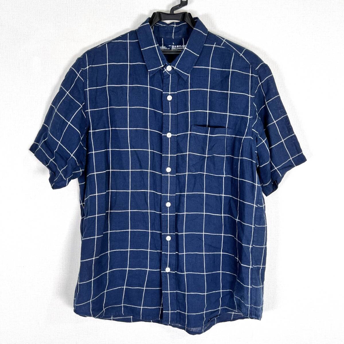 【MUJI】無印良品 ネイビー系 チェック柄 半袖シャツ 柄物シャツ 麻 リネンシャツ トップス 男性用 メンズ Lサイズ【c024】拍卖