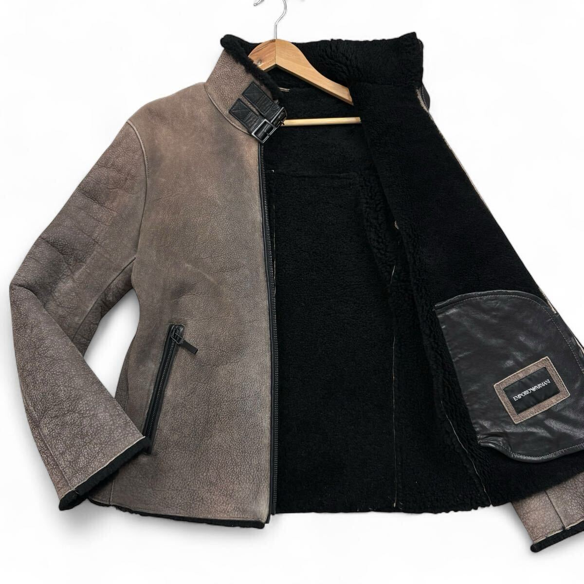【美品!!!Lサイズ!!!】EMPORIO ARMANI エンポリオアルマーニ ムートンジャケット 全面ボア ラムレザー 羊革 ブラウン メンズ サイズ48拍卖