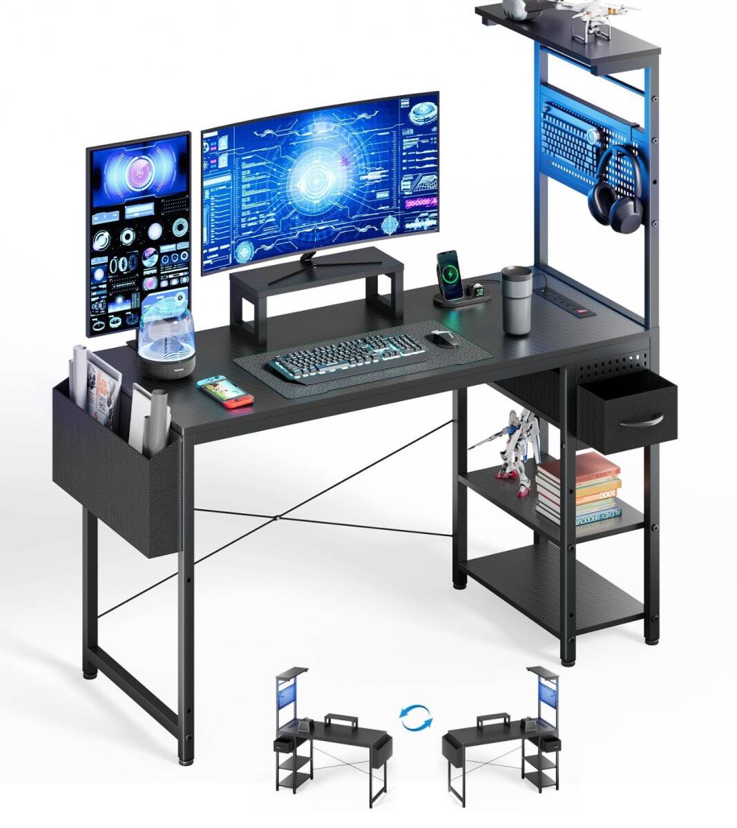 ゲームデスク パソコンデスク PCデスク ゲーム 昇降棚付き 幅120cm×奥行50cm×高さ75cm コンセント付き 黒 モニター台付き 作業机拍卖