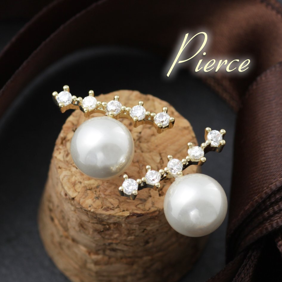 新品/パールピアス/K18GP/レディース/ピアス/真珠/ダイヤ/ラインバー/18金/イエローゴールド/上品/女性/フォーマル 結婚式 卒業式 入学拍卖
