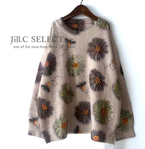 新品【送料185円】伸縮◎贅沢なBIJOU付き*刺繍風フラワープリント*デザインニットプルオーバー7739.BEIGE拍卖