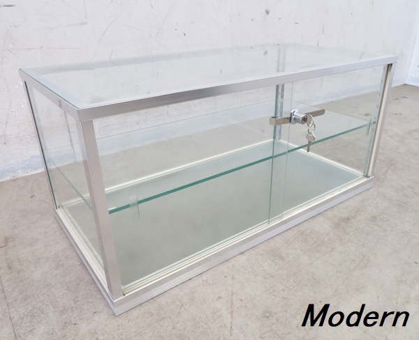 ■P107■美品■アルミ×ガラス■スライド扉付き■卓上ショーケース■鍵付き■スタイリッシュモダン■店舗什器■拍卖