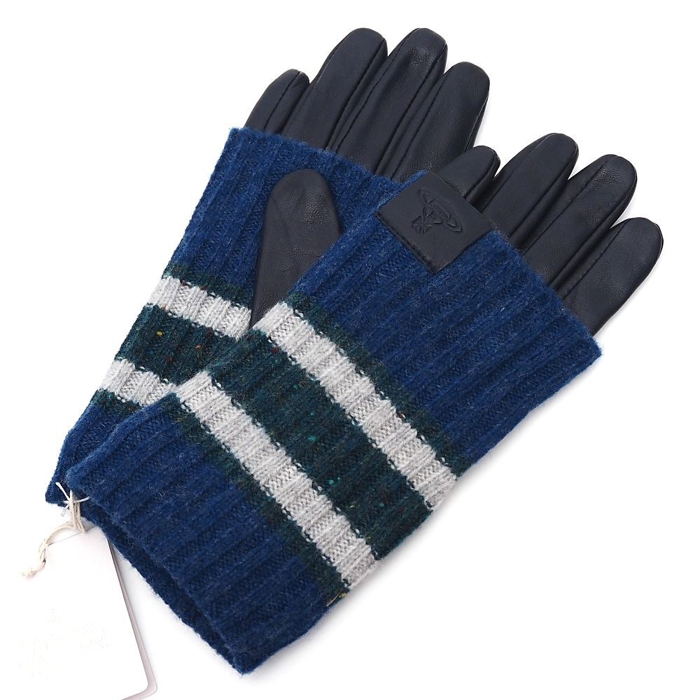 I06219 新品 Vivienne Westwood/ニット レザーグローブ 手袋 【サイズ:21cm】 ネイビー タッチパネル対応 ヴィヴィアンウエストウッド拍卖