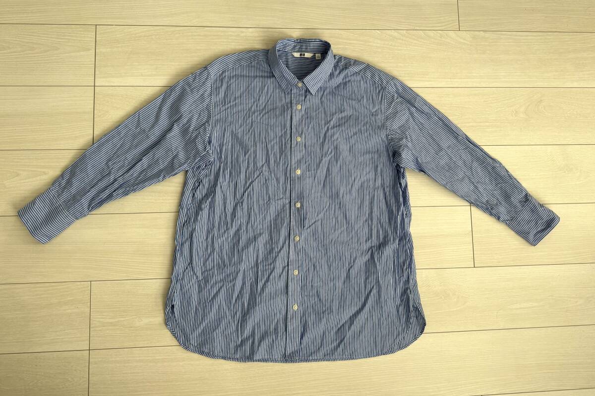 ★ユニクロ UNIQLO 長袖 コットンストライプシャツ Lサイズ ブルー レディース ロングシャツ 231-453278★拍卖