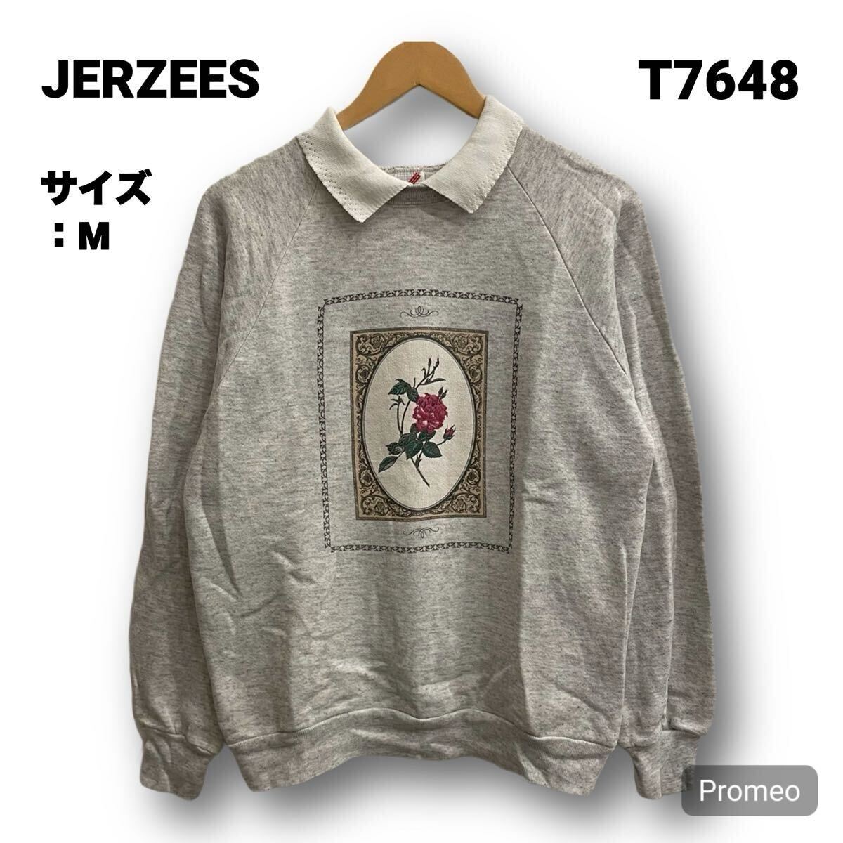 【T7648】 JERZEES ジャージーズ スウェット トレーナー 襟付き サイズM グレー 灰色 90s 90年代 メンズ トップス 最落なし 古着拍卖