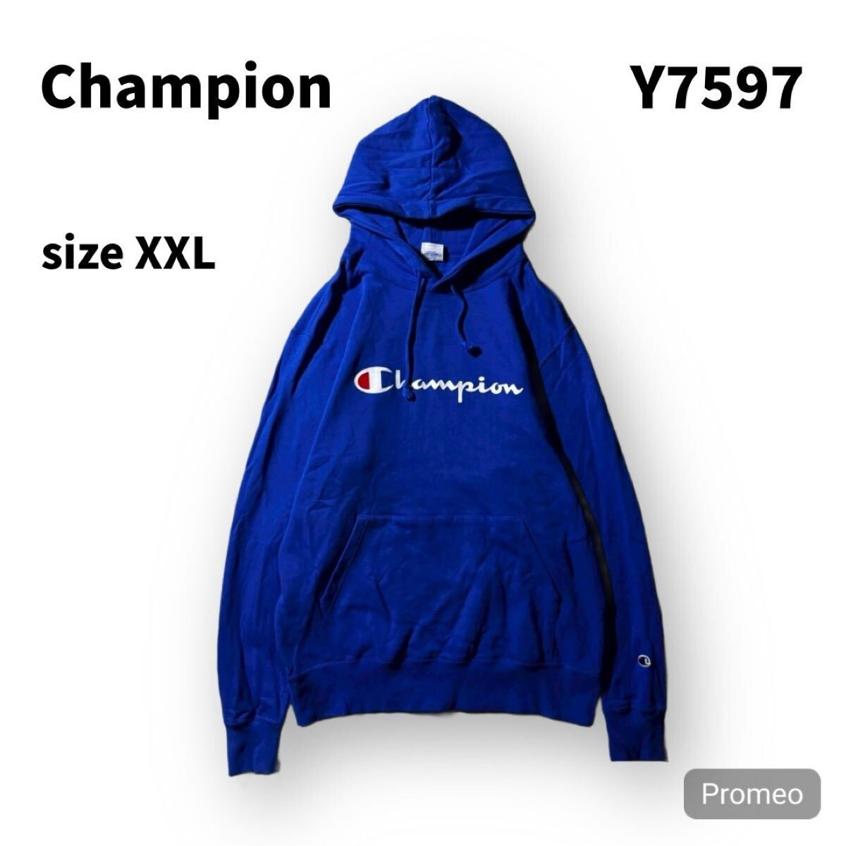 【Y7597】champion チャンピオン パーカー フーディー サイズ2XL ブルー 青色 フロント プリントロゴ メンズ トップス 最落なし 古着拍卖