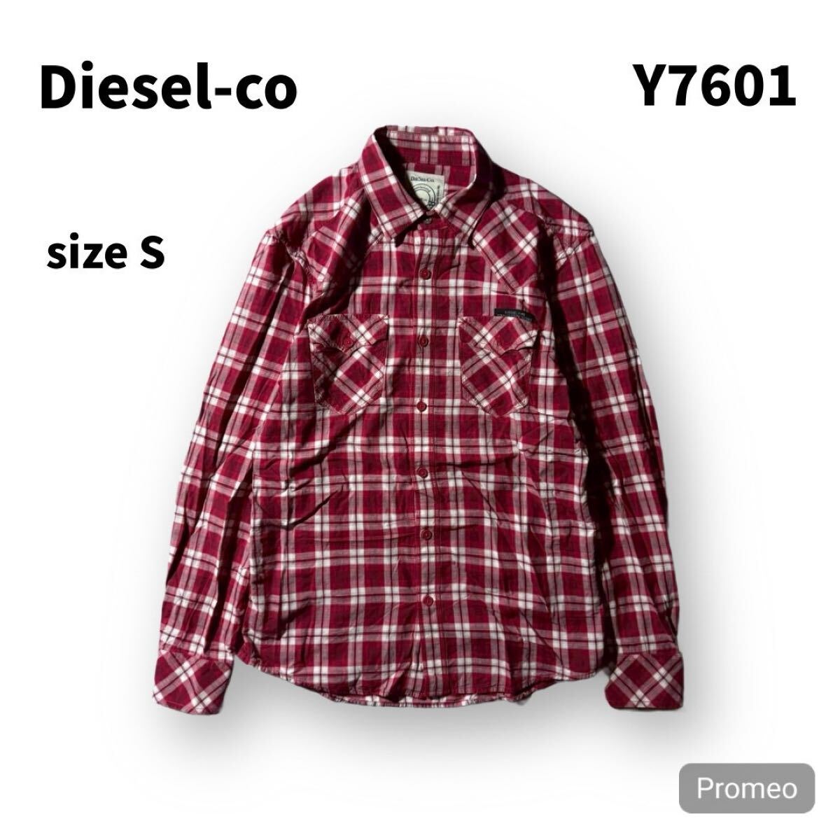 【Y7601】DIESEL-Co ディーゼルコー 長袖ウエスタンシャツ レッド 赤色 サイズS チェック柄 メンズ トップス 最落なし 古着拍卖