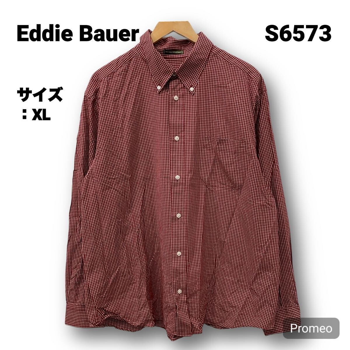 【S6573】Eddie Bauer エディーバウアー 長袖シャツ サイズXL チェック ボタンダウン レッド 赤 メンズ トップス 最落なし 古着拍卖