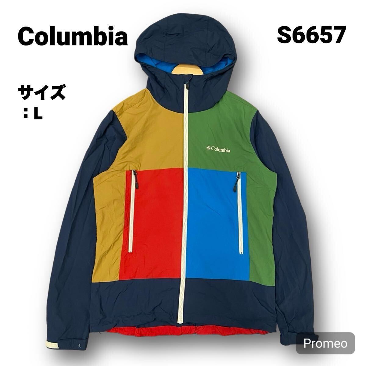 【S6657】 Columbia コロンビア パーカー ジップアップ サイズL マルチカラー 刺繍ロゴ 胸ロゴ メンズ トップス 最落なし 古着拍卖
