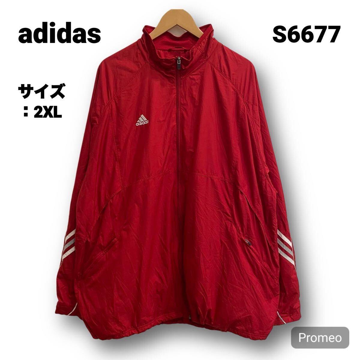 【S6677】 adidas アディダス ナイロンジャケット ジップアップ サイズ2XL レッド 赤 刺繍ロゴ 胸ロゴ ワンポイント メンズ トップス拍卖