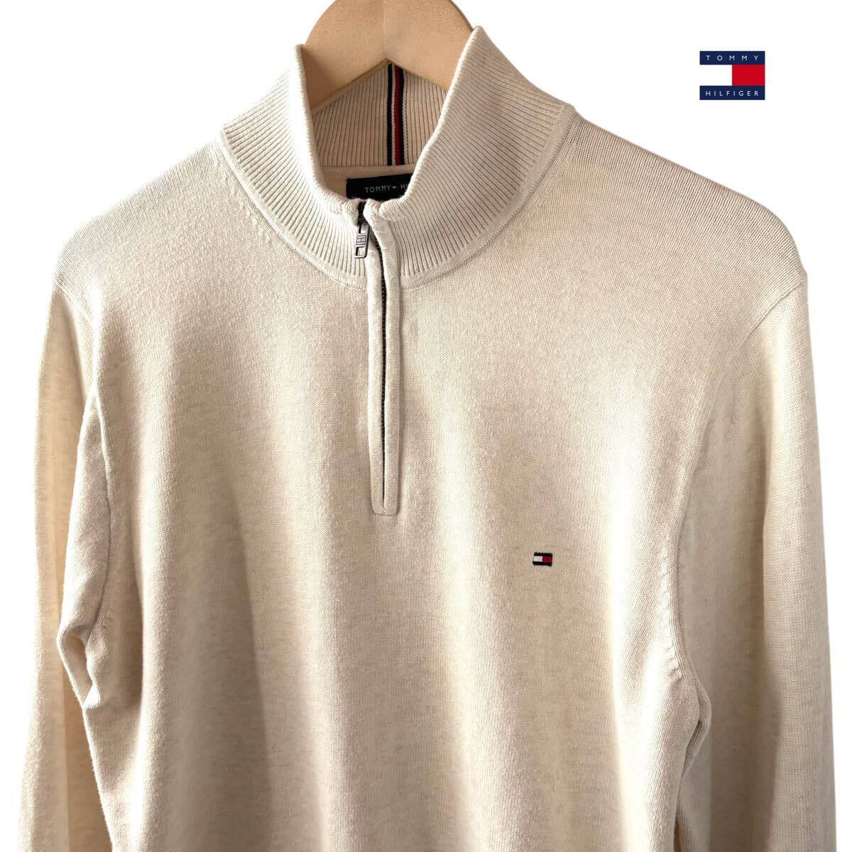 トミーヒルフィガー TOMMY HILFIGER ハーフジップ ニット XL アイボリー ベージュ ジップアップ 立ち襟 セーター拍卖