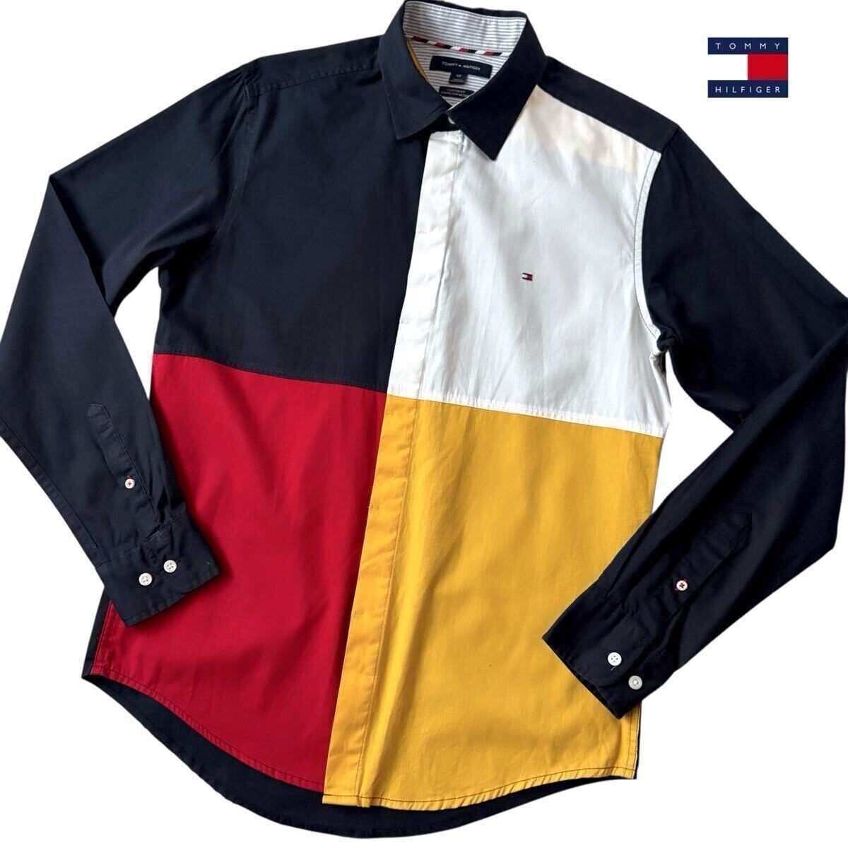 (美品) トミーヒルフィガー TOMMY HILFIGER 比翼仕立 長袖シャツ SP (日本 M ) ネイビー ホワイト イエロー レッド 切り替え シャツ拍卖