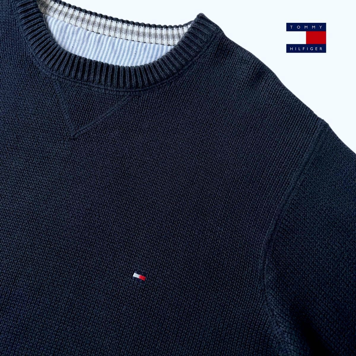 トミーヒルフィガー TOMMY HILFIGER クルーネック ニット M ネイビー ワンポイント セーター拍卖