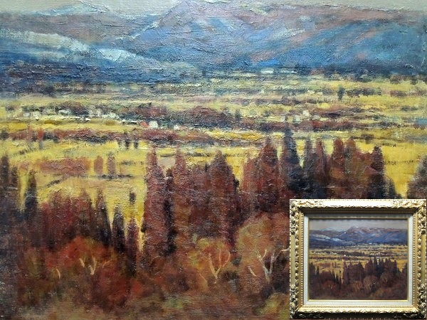 真作/前田信義/「外輪山遠望 阿蘇」/油彩/8号/額装品/直筆サイン入り/裏書あり/油絵/風景画/作家物/美術品/三軌会会員拍卖