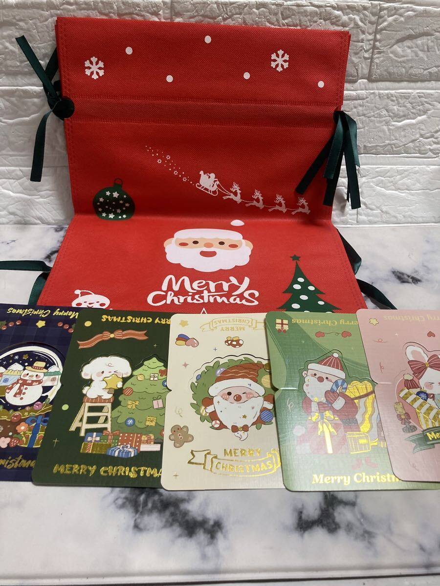クリスマスプレゼント、ラッピング袋かわいいカード付き5セット緑のリボン付き不織布タイプ拍卖