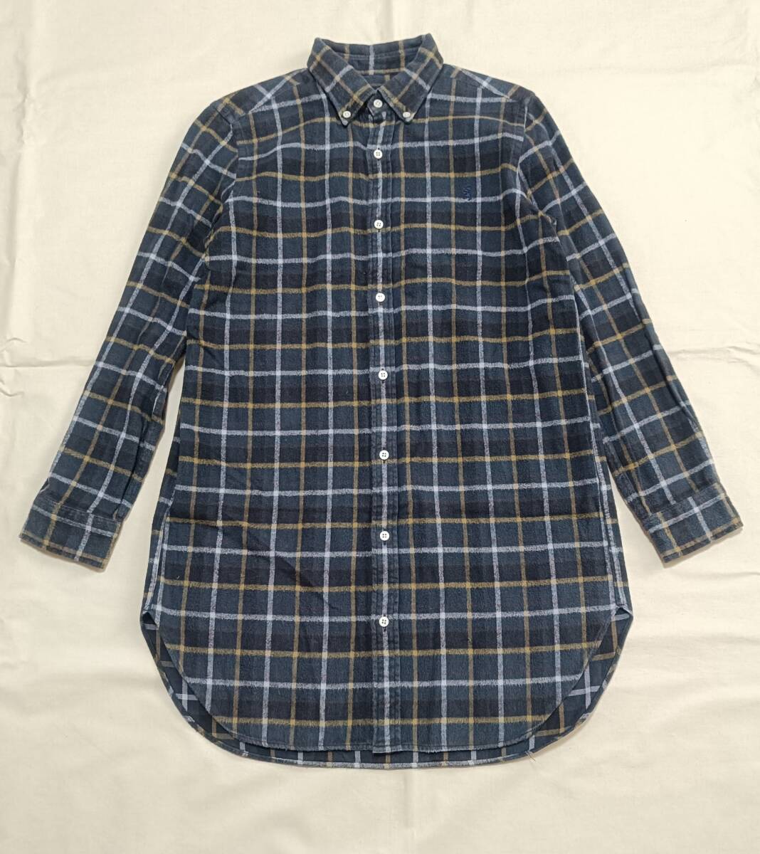 ジムフレックス 日本製 長袖 ネルシャツ ワンピース Gymphlex フランネル レディース12 S チェック 紺 ロゴ刺しゅう 8111拍卖