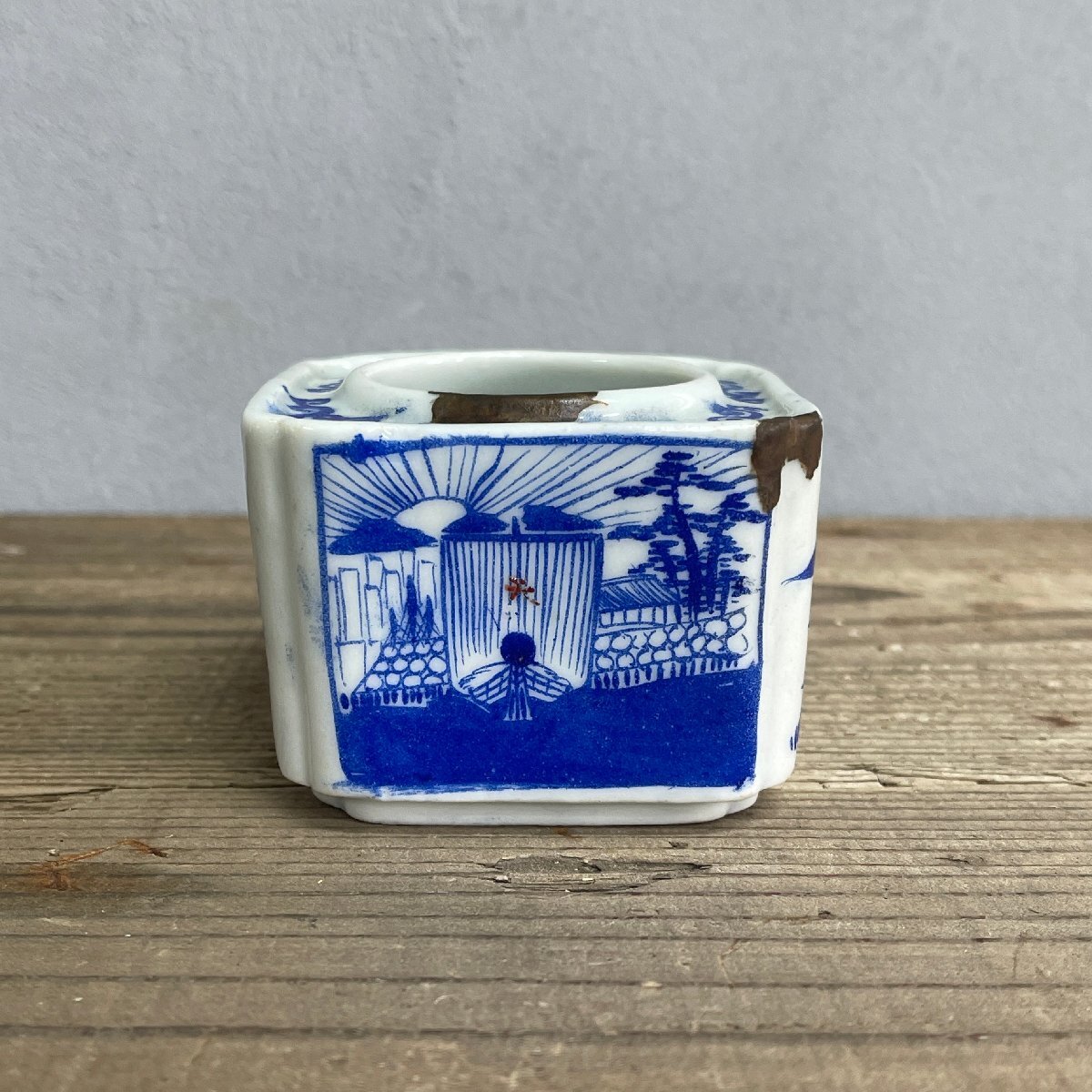 中古★現状品★骨董 アンティーク 香炉 富士 風景画 青磁 日本風景 天の文字 明治 大正拍卖