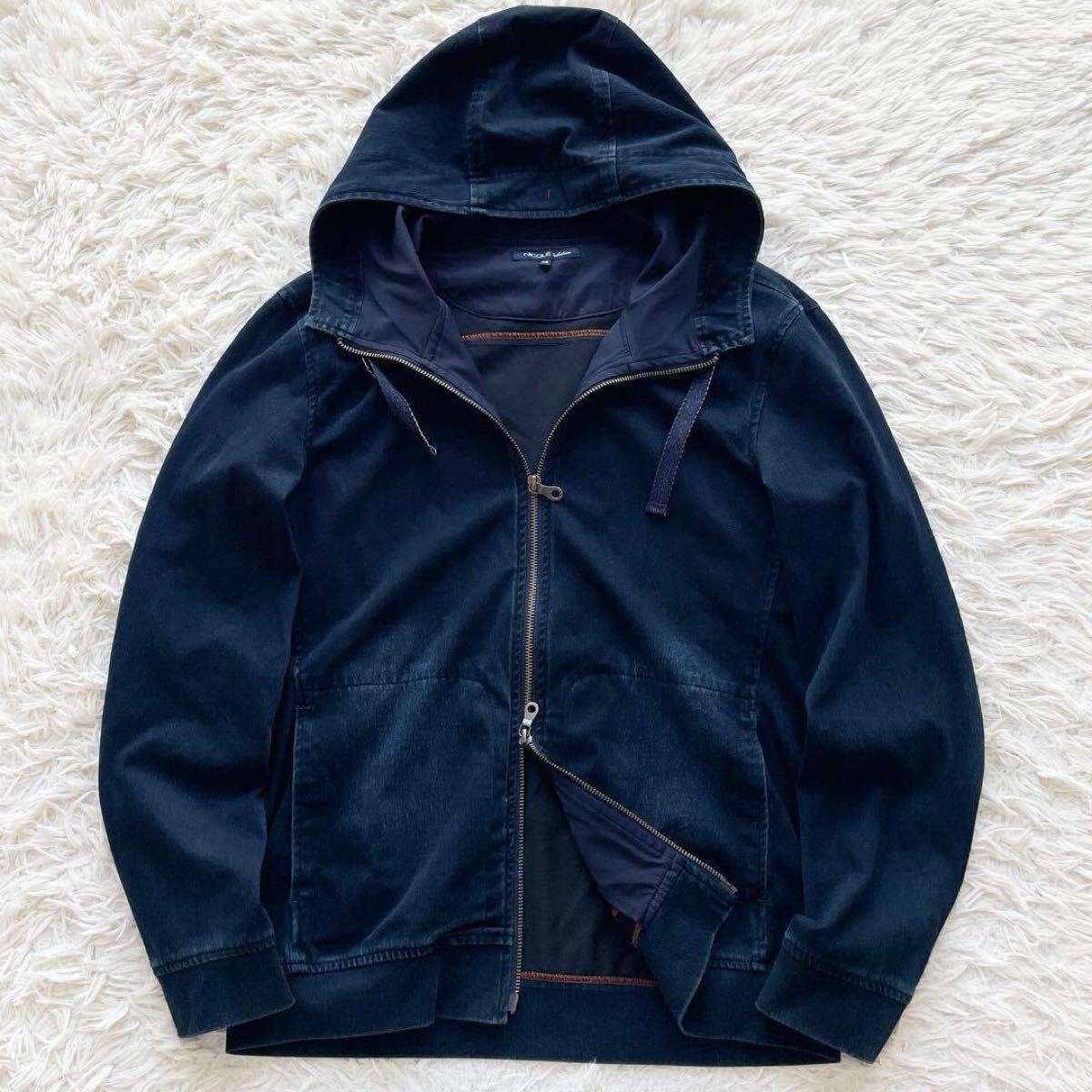 美品 Lサイズ NICOLE 近年モデル デニム ダブルジップ フーディ 高ストレッチ インディゴブルー メンズ ニコル パーカー デニムジャケット拍卖