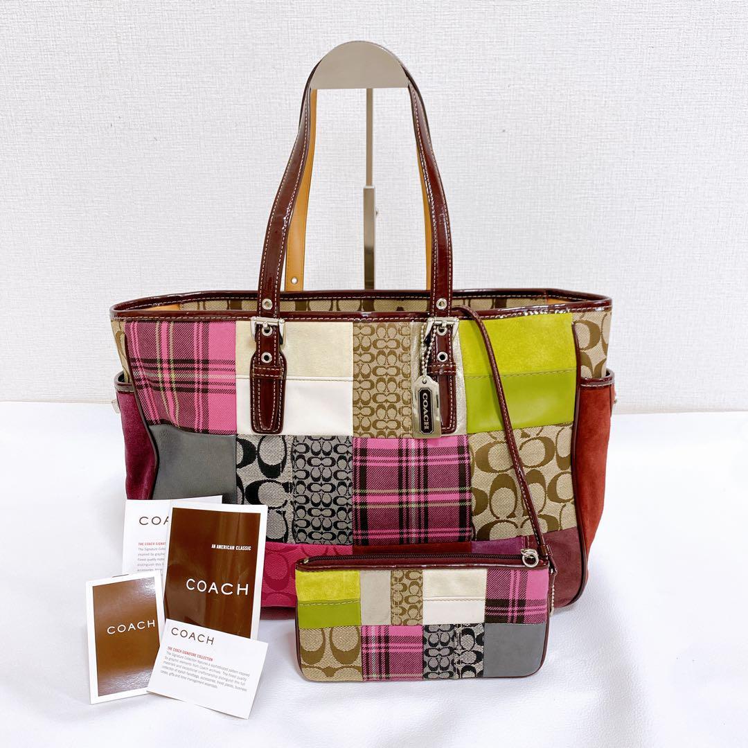 美品 COACH コーチ トートバッグ ハンドバッグ パッチワーク ポーチ付き ピンク系 キャンバス エナメル シグネチャー チェック拍卖