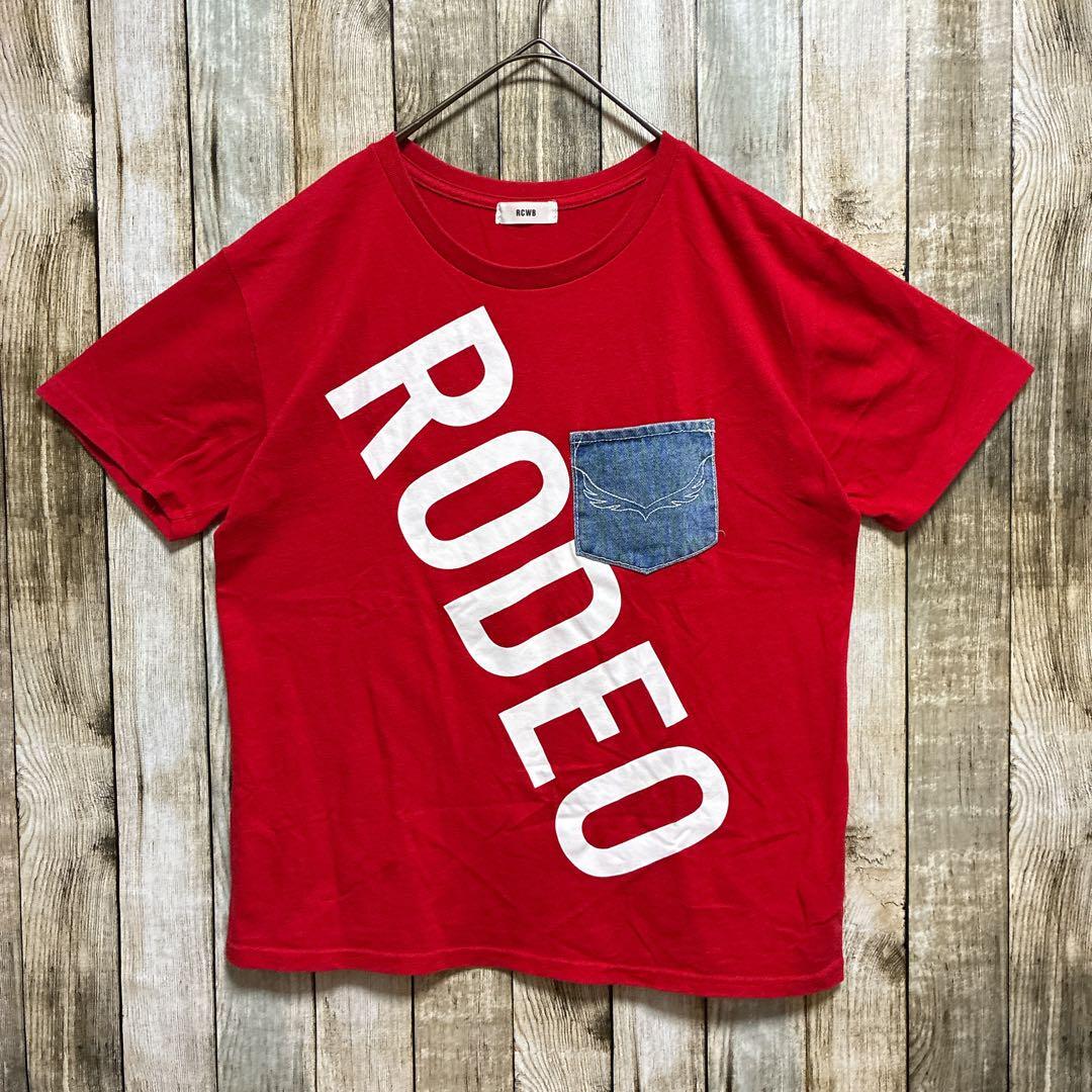 【1スタ】ロデオクラウンズ RCWB ビッグロゴ 赤Tシャツ デニムポケット パッチ デザインTシャツ 古着スタイル拍卖