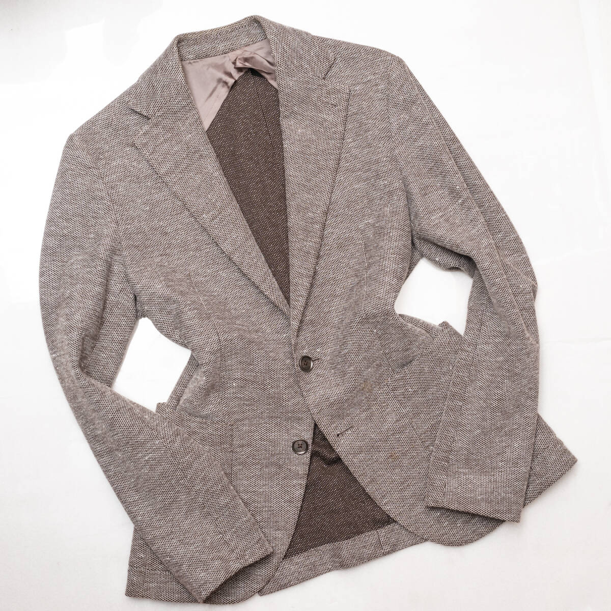 【表記44/S相当】美品 高級日本製『ANGLAIS』テーラードジャケット 綿リネン混 ブラウン系 春秋 メンズ 2ボタン拍卖