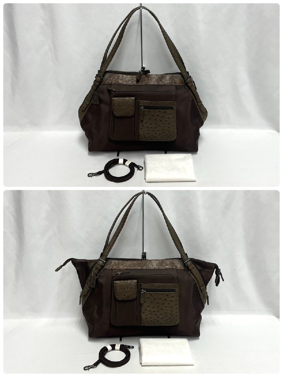 AZ⑦ 数回使用程度♪オーストリッチ ショルダーバッグ ハンドバッグ 2way レザー 革 ブラウン系 シルバー金具 手提げ ストラップ 保存袋♪拍卖