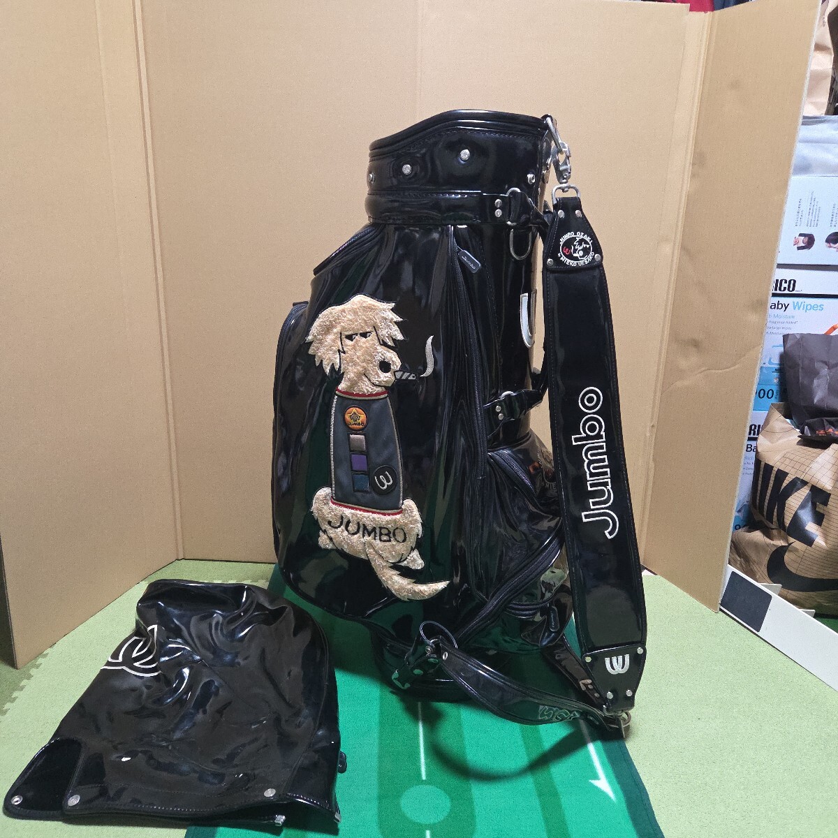 送料無料 レア ジャンボ尾崎 ウエサコ 3点式ベルト キャディバッグ 黒 エナメル JUMBO OZAKI MIEKO UESAKO 3点拍卖