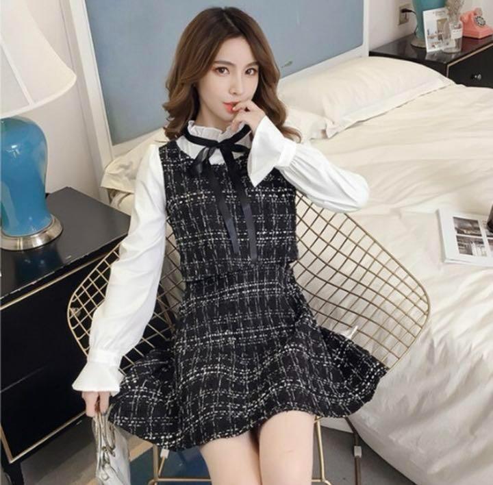 新品☆ブラウス チェック ワンピース 韓国 ツイード ベルスリーブ オルチャン拍卖