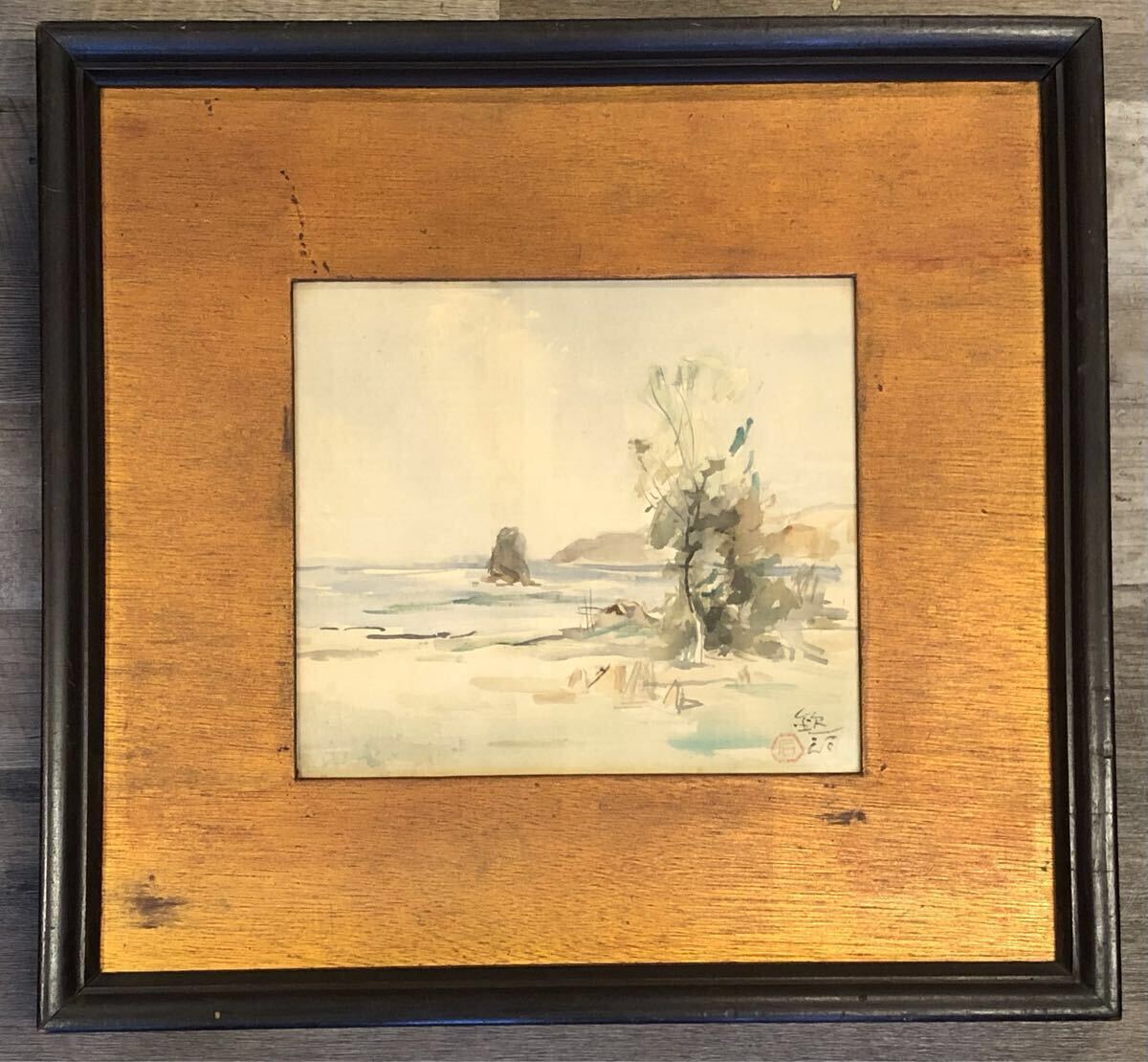 石川欽一郎 『伊豆伊東の濱』絹本 色紙 共シール 真作 水彩画 台湾画壇拍卖