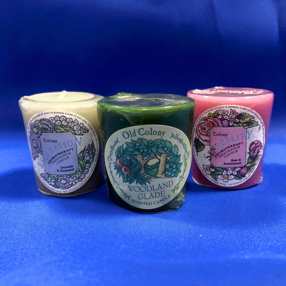 【英国アロマ Colony】アロマキャンドル 3点セット (ラベンダー/ウッドランド/ローズ)【1997年 レトロ 輸入物】拍卖