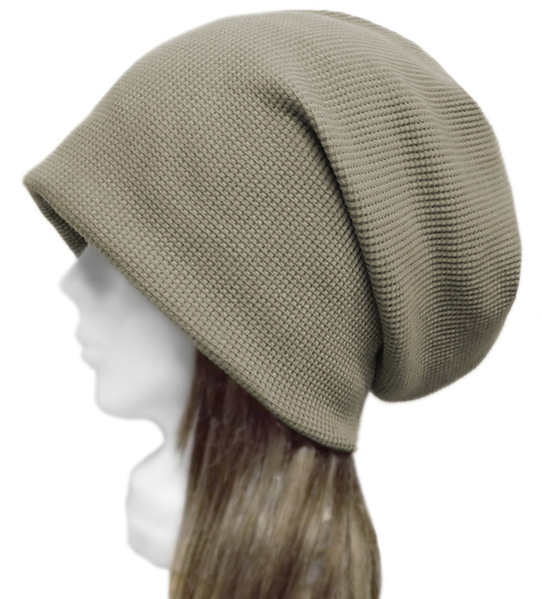 ◇送料無料◇ ハンドメイド◆ルーズワッチキャップ◆ワッフル織コットンニット/カーキ ◇ゆったりサイズ・小顔効果・長いシーズン着用◇拍卖