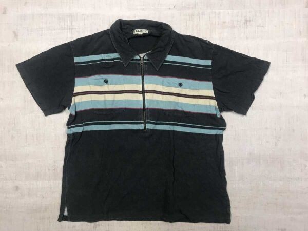 L.L.Bean エルエルビーン アメカジ アウトドア 古着 パネルボーダー 両胸ポケット ハーフジップ 半袖ポロシャツ メンズ コットン100% L 黒拍卖