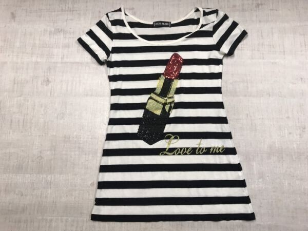 CECIL McBEE セシルマクビー 平成ギャル Y2K 00s スパンコール ルージュ刺繍 ボーダー ロング丈 半袖Tシャツ トップス レディース M 白/黒拍卖