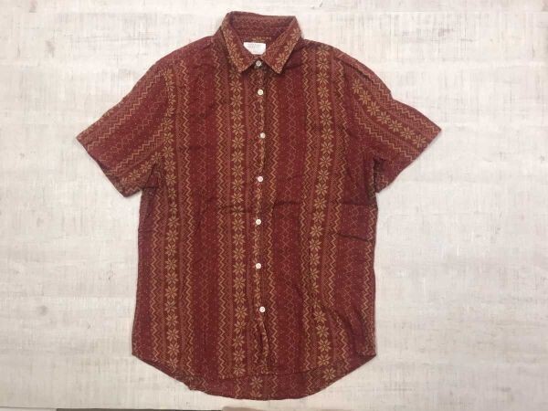 VANISHING ELEPHANT ヴァニシングエレファント シドニー・ブランド アメカジ 雪柄ストライプ 総柄 半袖シャツ 柄シャツ メンズ M エンジ拍卖